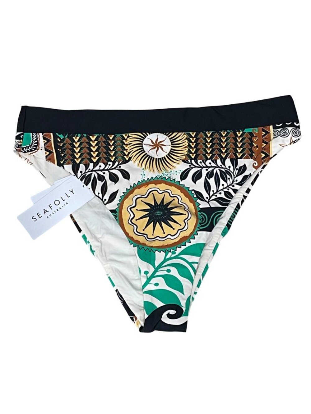 SEAFOLLY High Waisted Bikini Bottoms Women's Size 10 Atlantis Print Ecru Cheeky